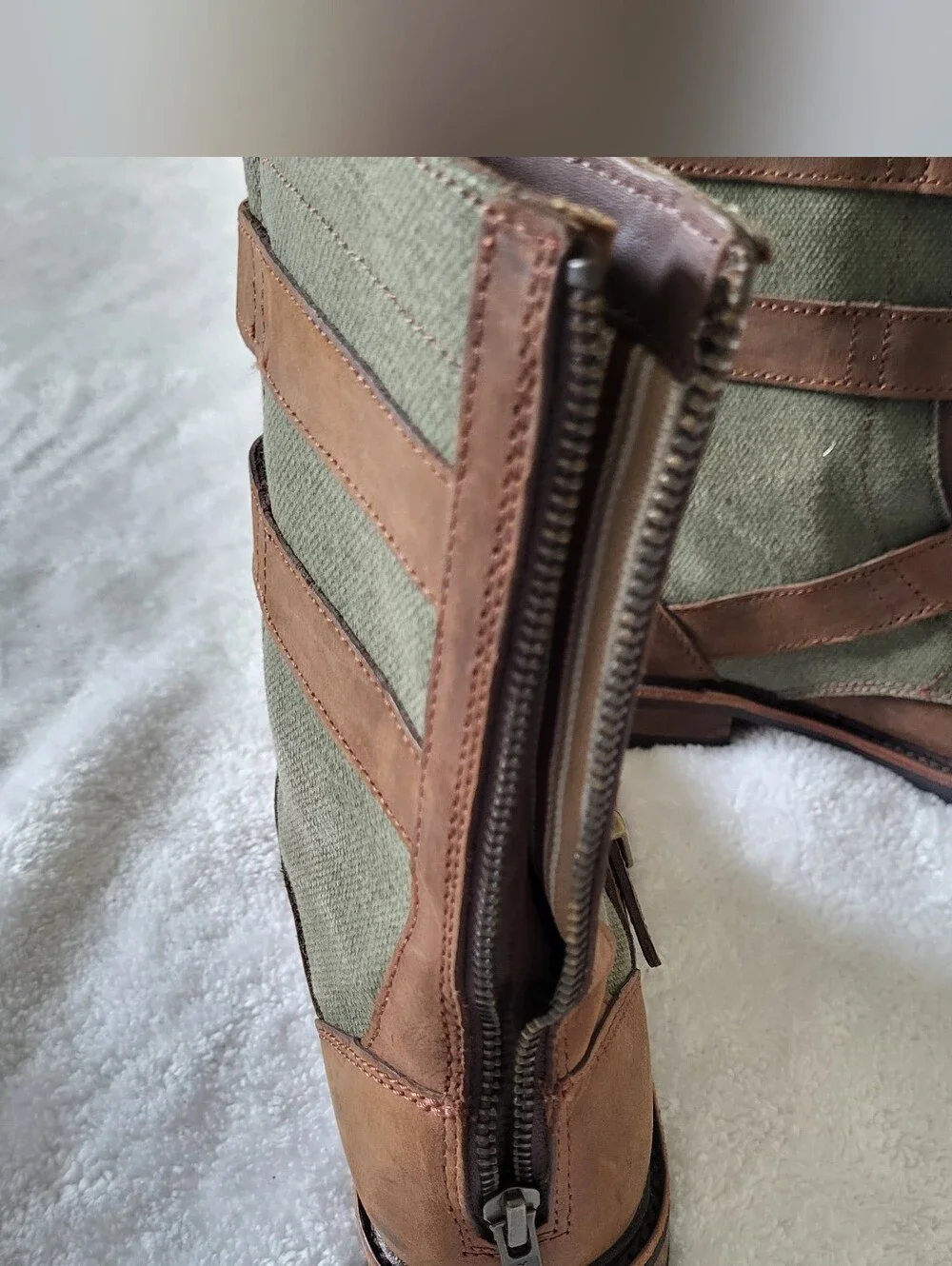 Brown Leather and Olive Canvas Buckle Boots
